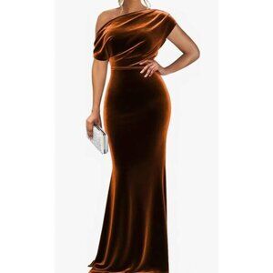 Copper Velvet One Shoulder Evening Gown Size 8 Formal Prom Dress Mermaid Maxi